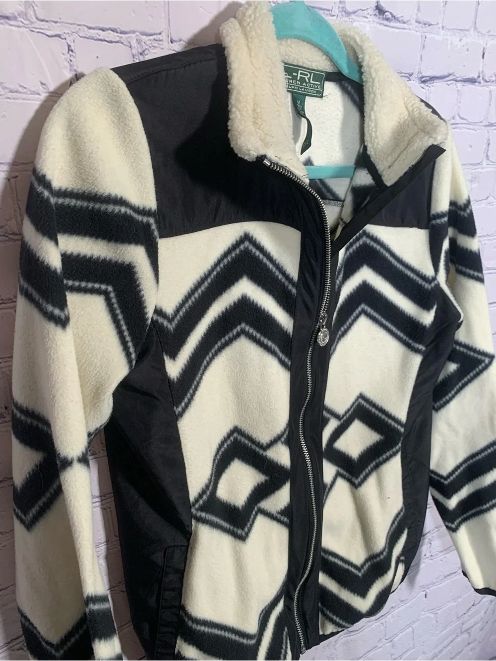Lauren Ralph Lauren Womens Geometric Fleece Full Zip Jacket Cream Black Size M
